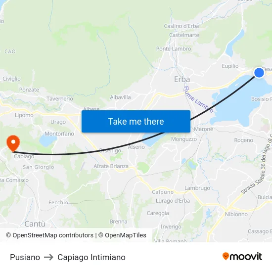 Pusiano to Capiago Intimiano map