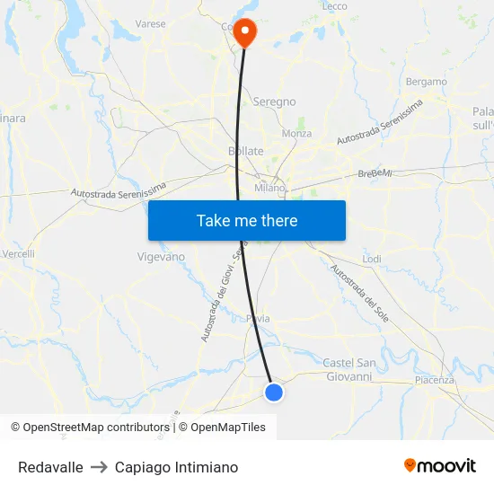 Redavalle to Capiago Intimiano map