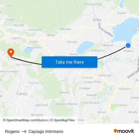 Rogeno to Capiago Intimiano map