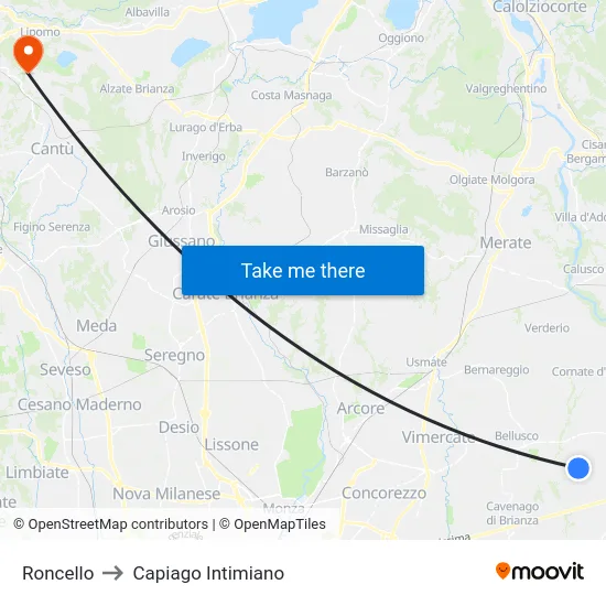 Roncello to Capiago Intimiano map