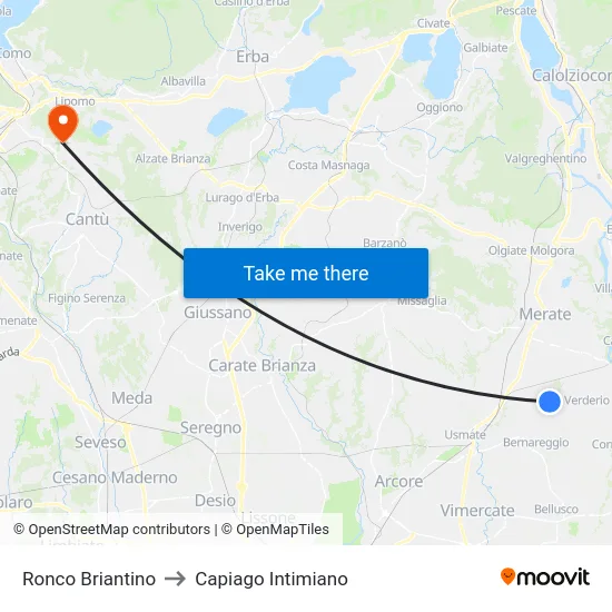 Ronco Briantino to Capiago Intimiano map