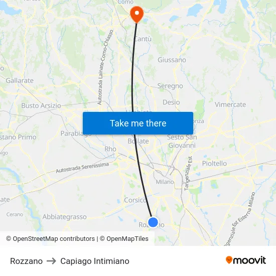 Rozzano to Capiago Intimiano map