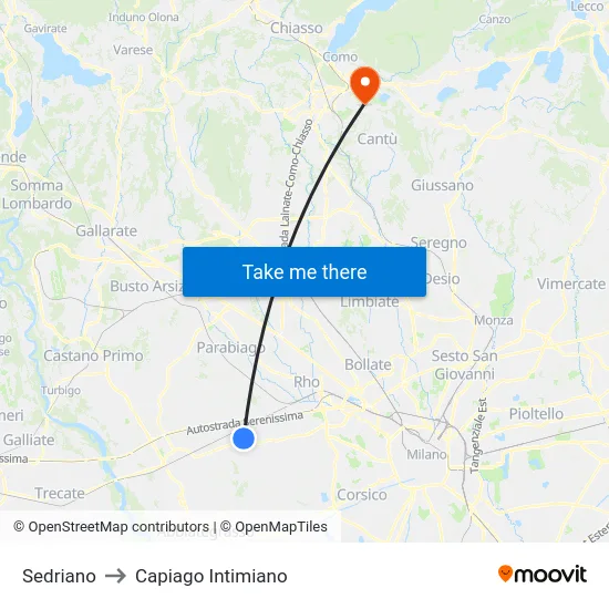 Sedriano to Capiago Intimiano map