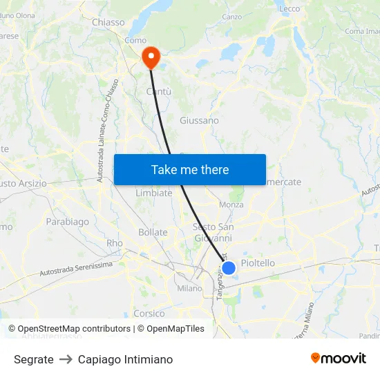 Segrate to Capiago Intimiano map