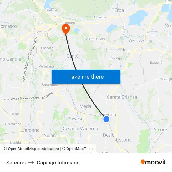 Seregno to Capiago Intimiano map