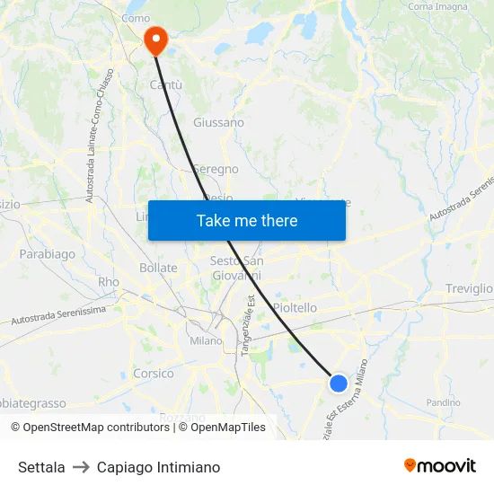 Settala to Capiago Intimiano map