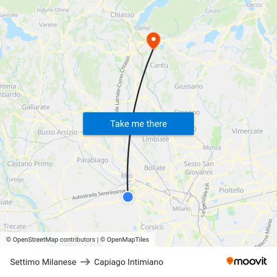 Settimo Milanese to Capiago Intimiano map