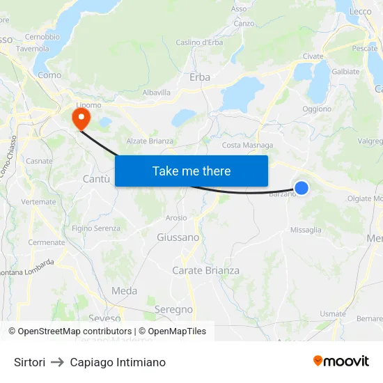 Sirtori to Capiago Intimiano map