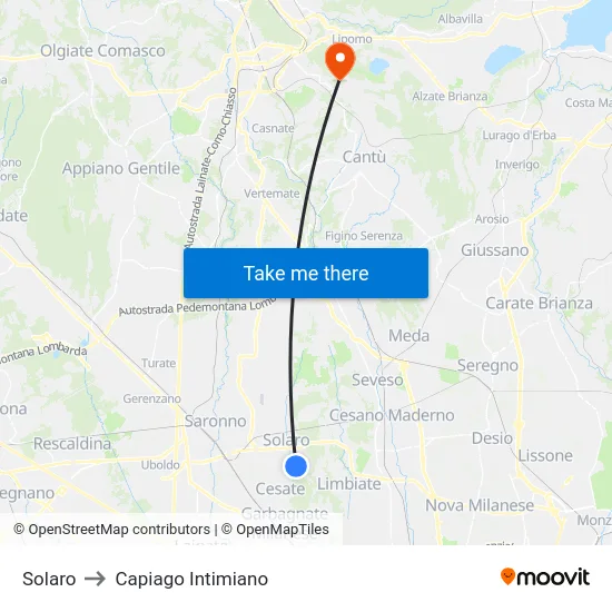 Solaro to Capiago Intimiano map