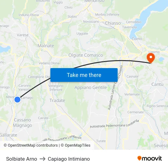 Solbiate Arno to Capiago Intimiano map