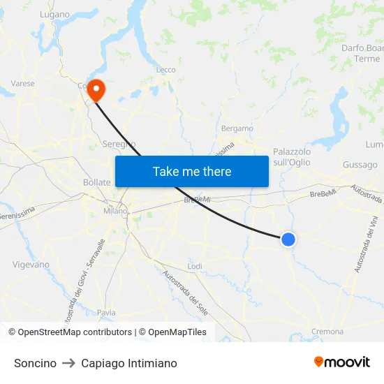 Soncino to Capiago Intimiano map