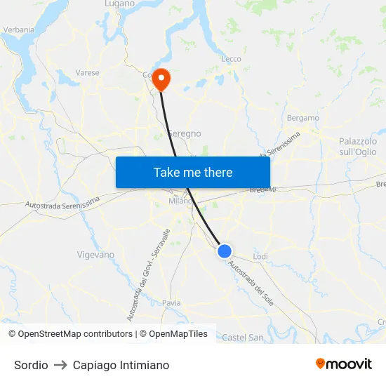 Sordio to Capiago Intimiano map