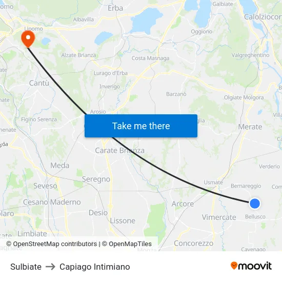 Sulbiate to Capiago Intimiano map