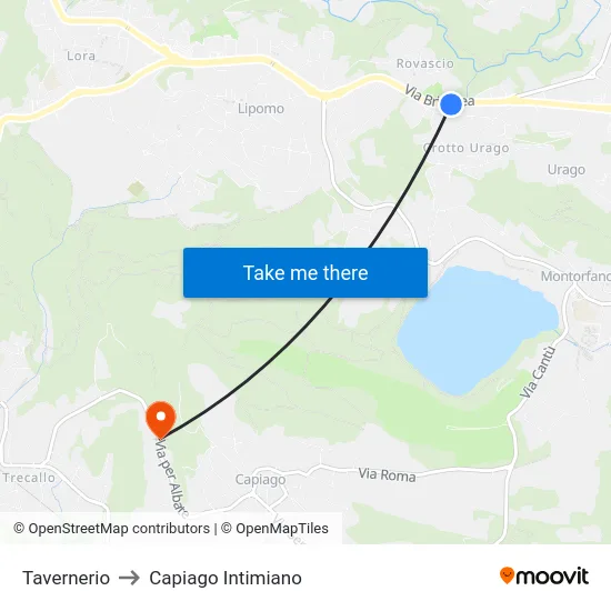 Tavernerio to Capiago Intimiano map