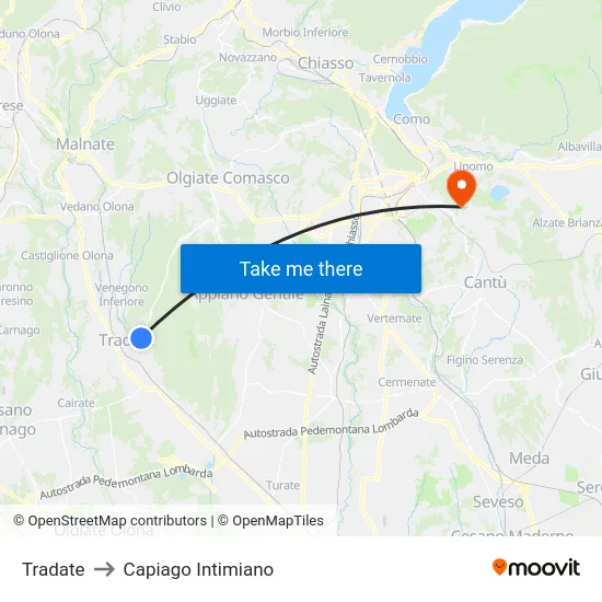 Tradate to Capiago Intimiano map
