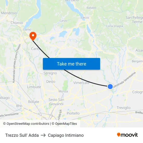Trezzo Sull' Adda to Capiago Intimiano map