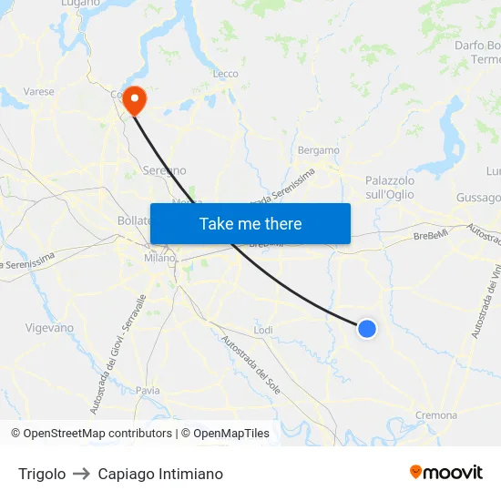 Trigolo to Capiago Intimiano map