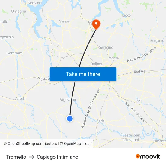 Tromello to Capiago Intimiano map