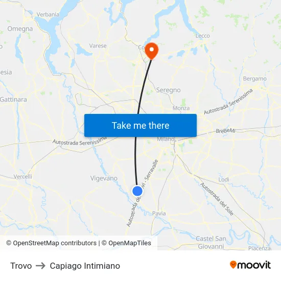 Trovo to Capiago Intimiano map