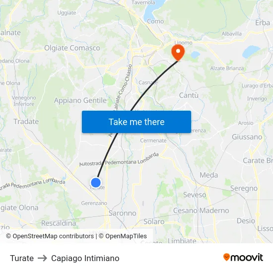 Turate to Capiago Intimiano map