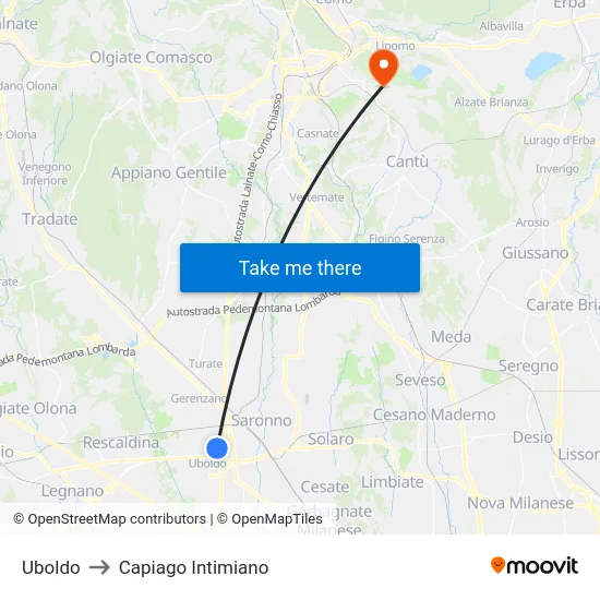 Uboldo to Capiago Intimiano map