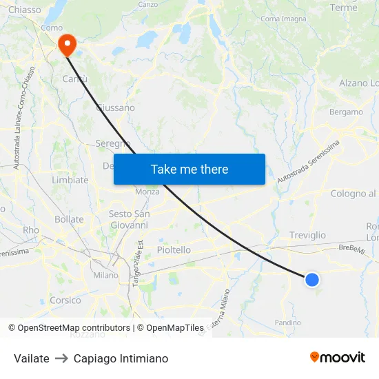 Vailate to Capiago Intimiano map