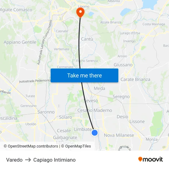 Varedo to Capiago Intimiano map