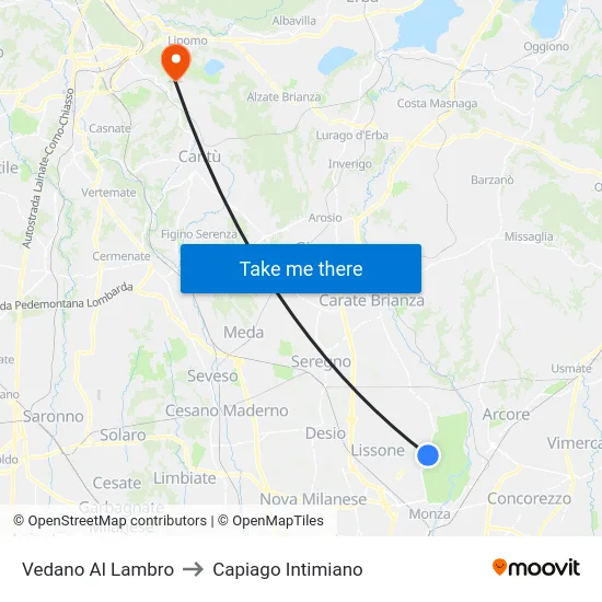 Vedano Al Lambro to Capiago Intimiano map