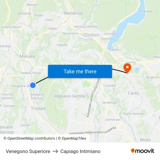 Venegono Superiore to Capiago Intimiano map