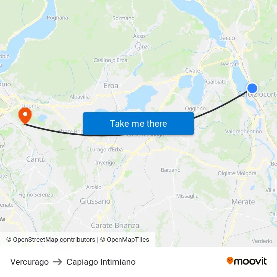 Vercurago to Capiago Intimiano map