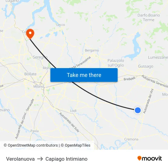 Verolanuova to Capiago Intimiano map