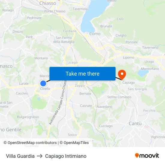 Villa Guardia to Capiago Intimiano map