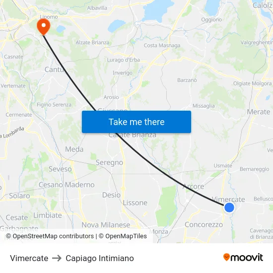 Vimercate to Capiago Intimiano map