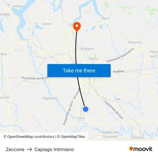 Zeccone to Capiago Intimiano map