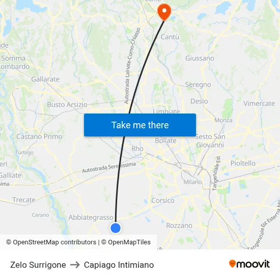 Zelo Surrigone to Capiago Intimiano map
