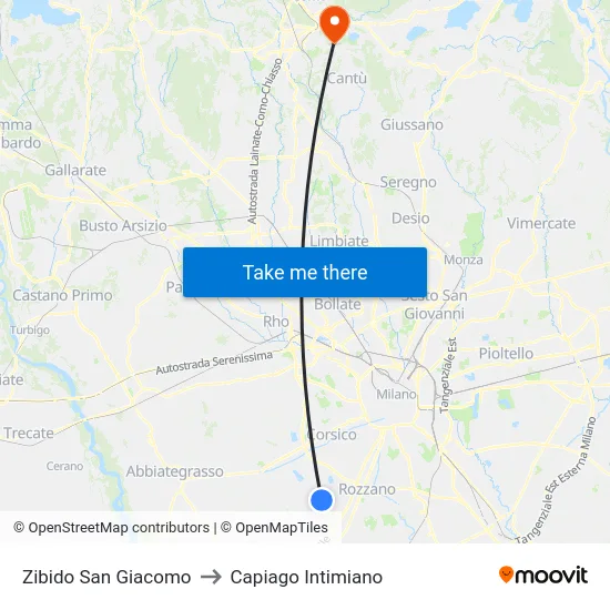 Zibido San Giacomo to Capiago Intimiano map