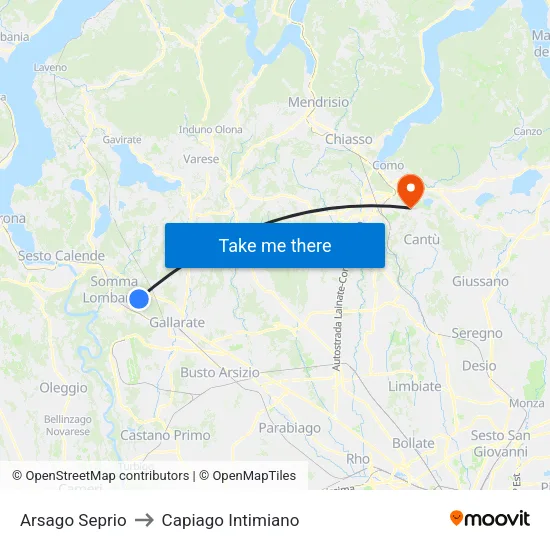 Arsago Seprio to Capiago Intimiano map