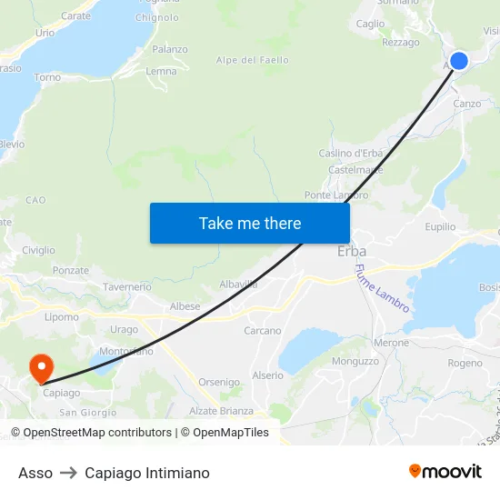 Asso to Capiago Intimiano map