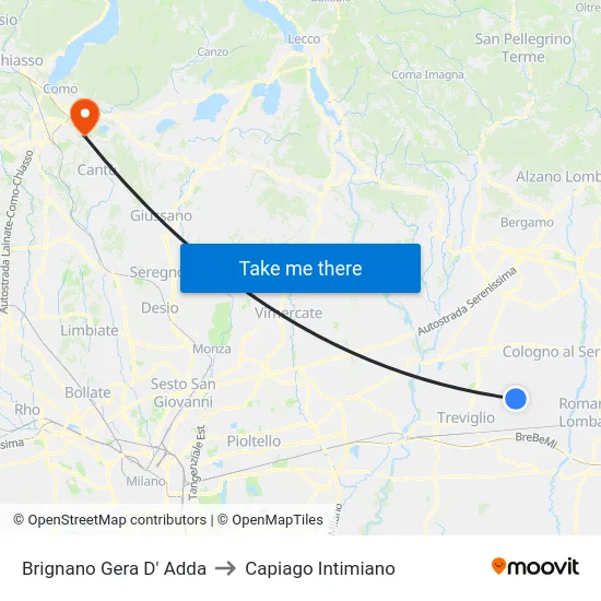 Brignano Gera D' Adda to Capiago Intimiano map