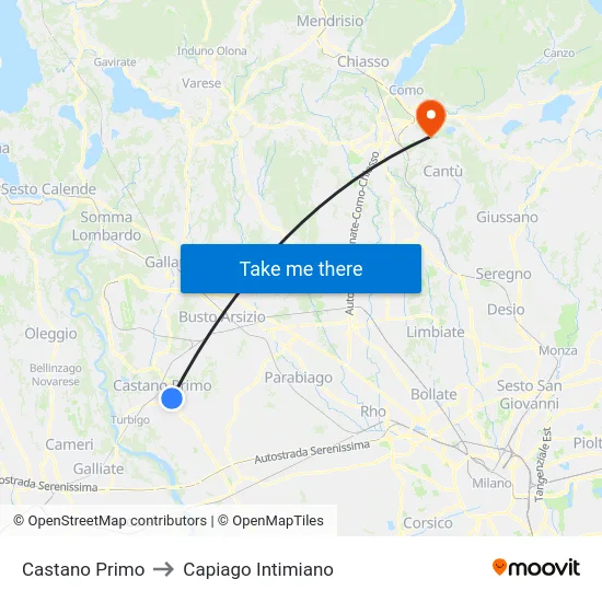 Castano Primo to Capiago Intimiano map