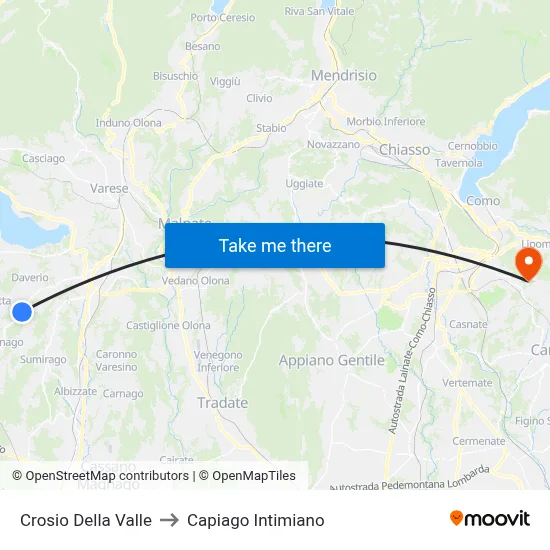 Crosio Della Valle to Capiago Intimiano map