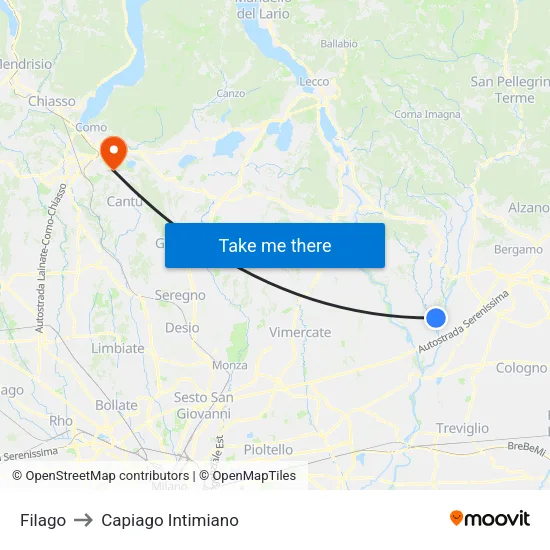 Filago to Capiago Intimiano map