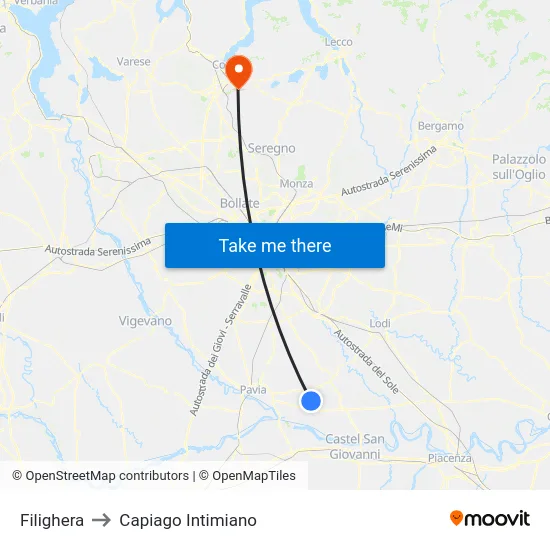 Filighera to Capiago Intimiano map