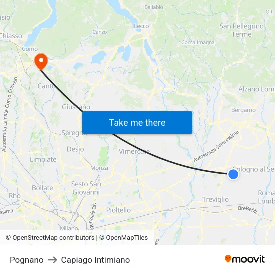 Pognano to Capiago Intimiano map