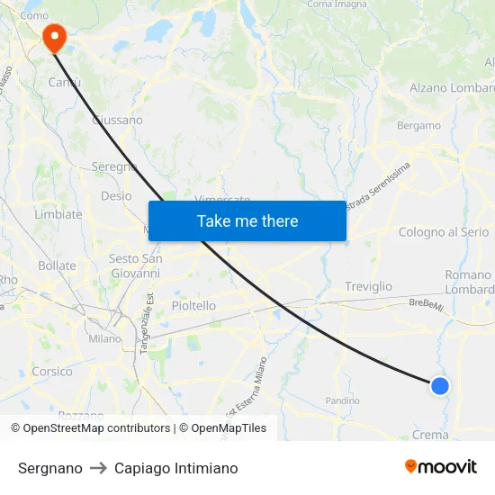 Sergnano to Capiago Intimiano map