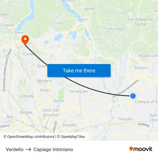 Verdello to Capiago Intimiano map