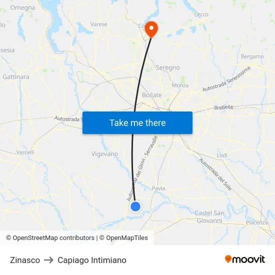 Zinasco to Capiago Intimiano map