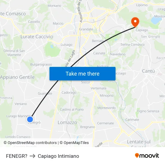 Fenegro to Capiago Intimiano map