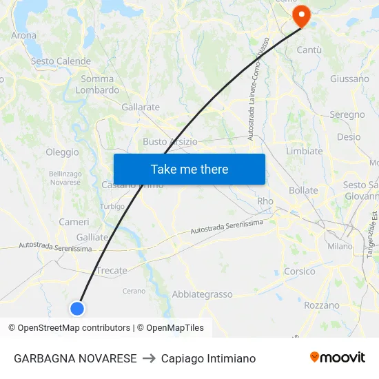 GARBAGNA NOVARESE to Capiago Intimiano map
