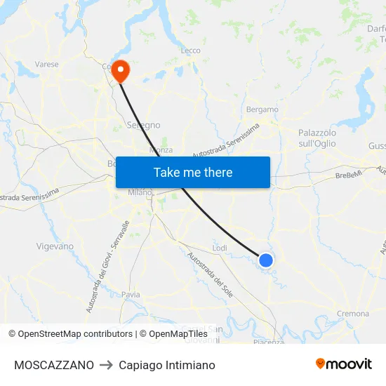 MOSCAZZANO to Capiago Intimiano map